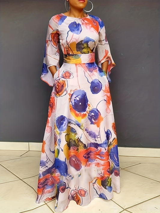  Random Print Nipped Waist Bell Sleeve Maxi Dress