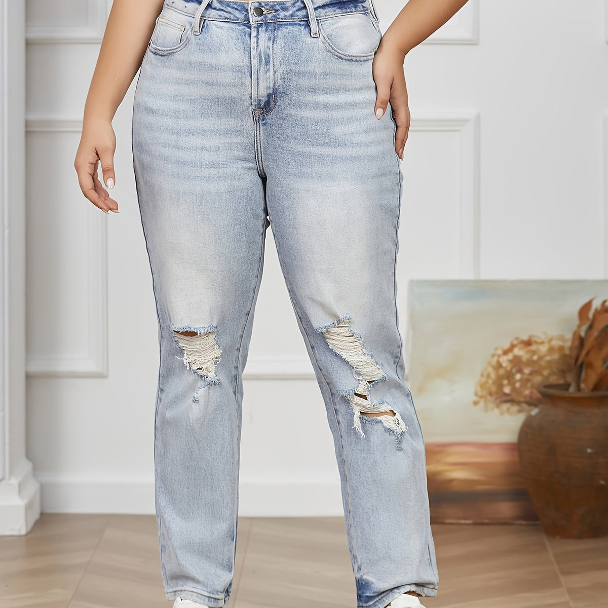  Solid Ripped Button Fly High Rise Stretch Straight Leg Jeans