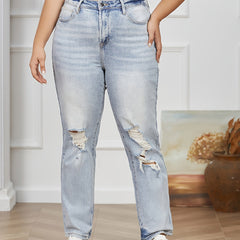 Solid Ripped Button Fly High Rise Stretch Straight Leg Jeans