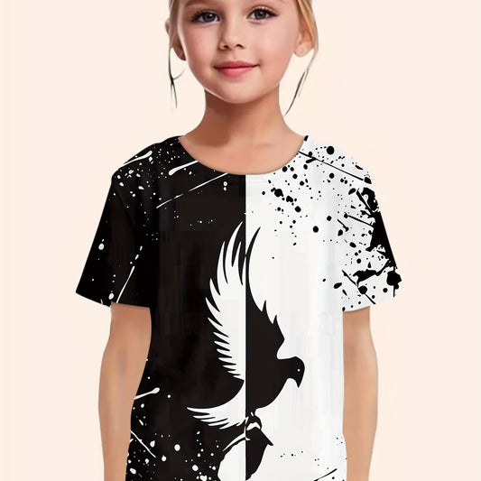 Girls Flying Eagle Print Short Sleeve T shirt Comfy Tees Pullover