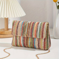 Boho Mini Shoulder Bag Colorful Striped Weave & Chain Strap