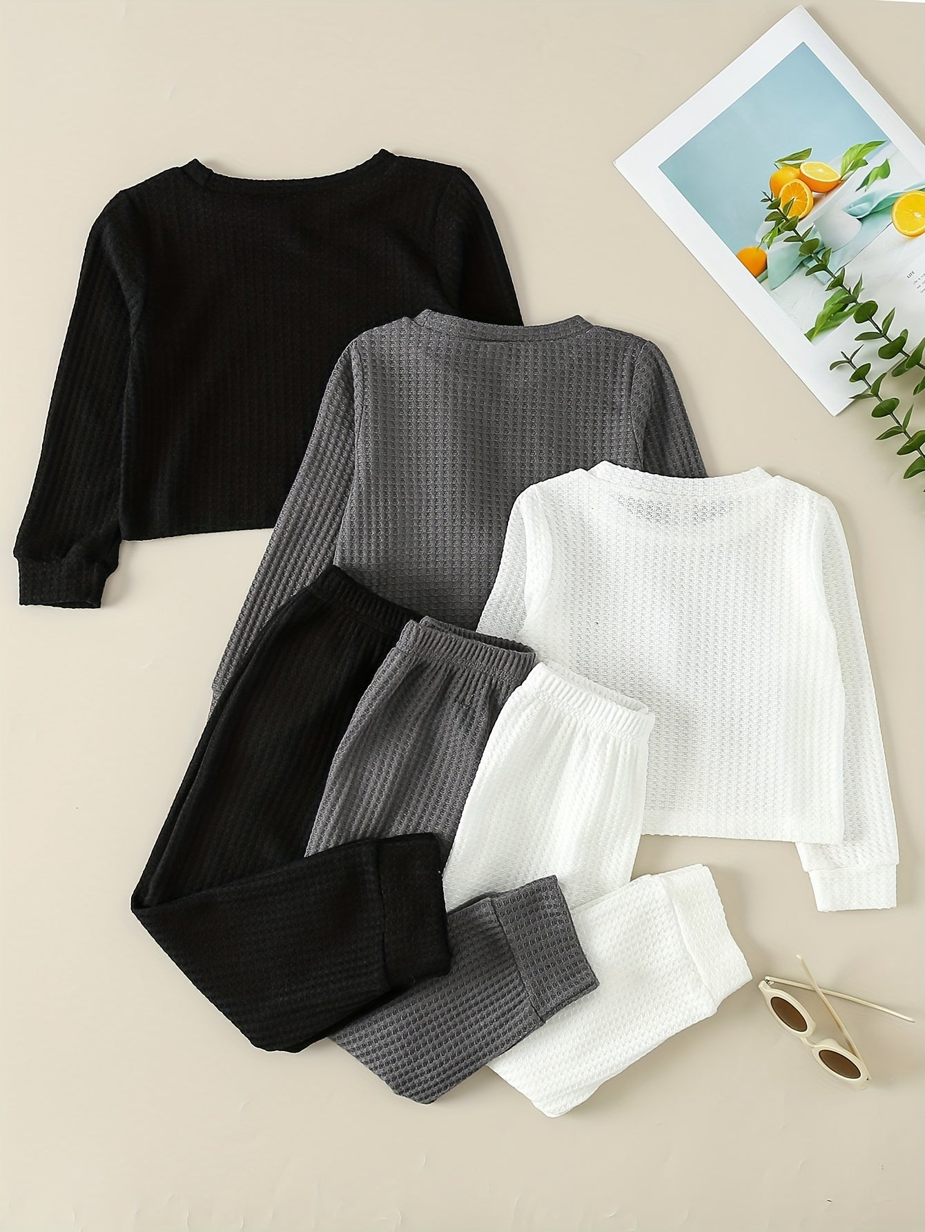 Girl's Waffle Sweatshirt & Sweatpants Set, Casual Outfit for Spring Fall