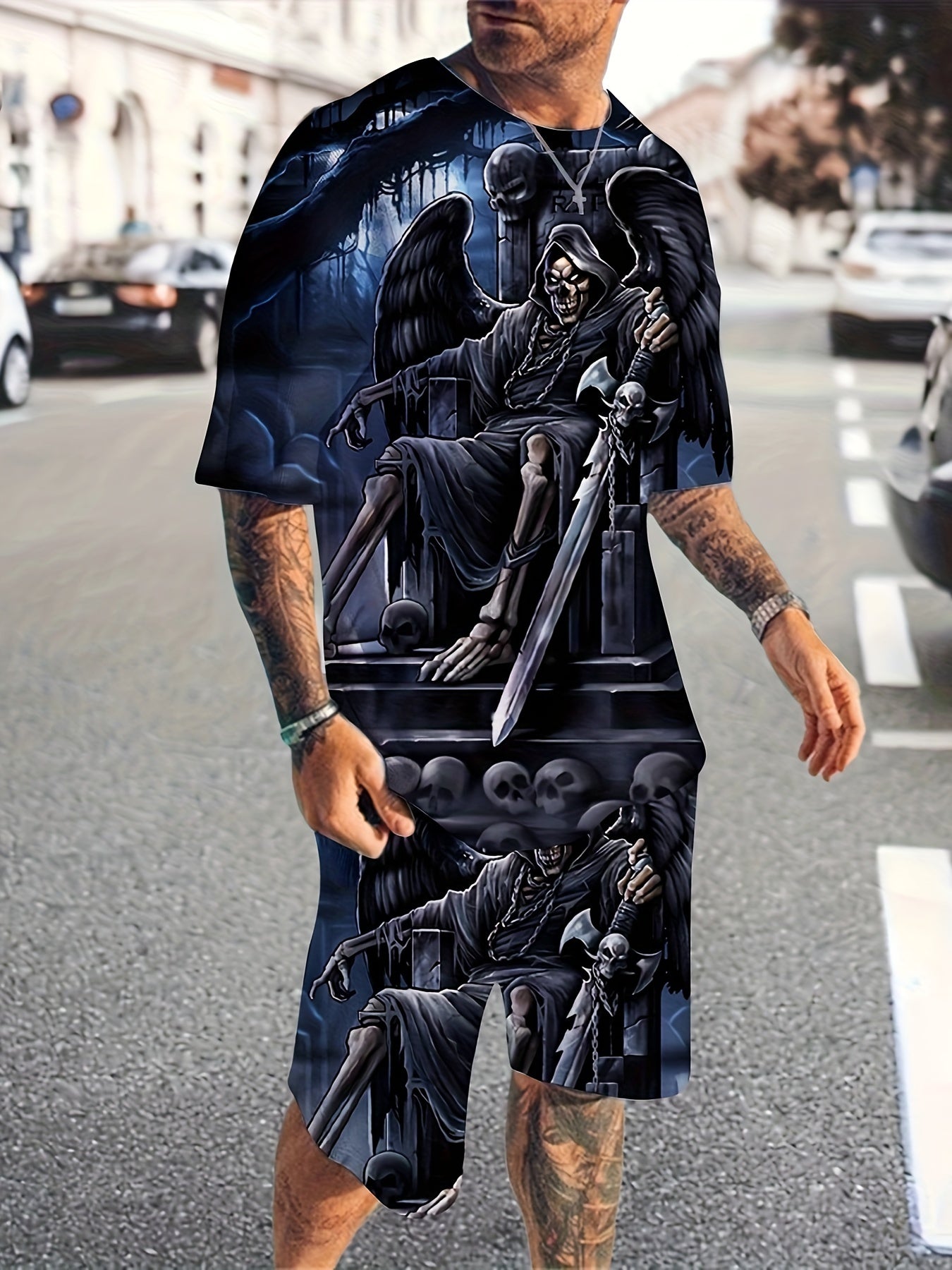 Men's Skull Pattern T shirt & Shorts Set for Fitness
