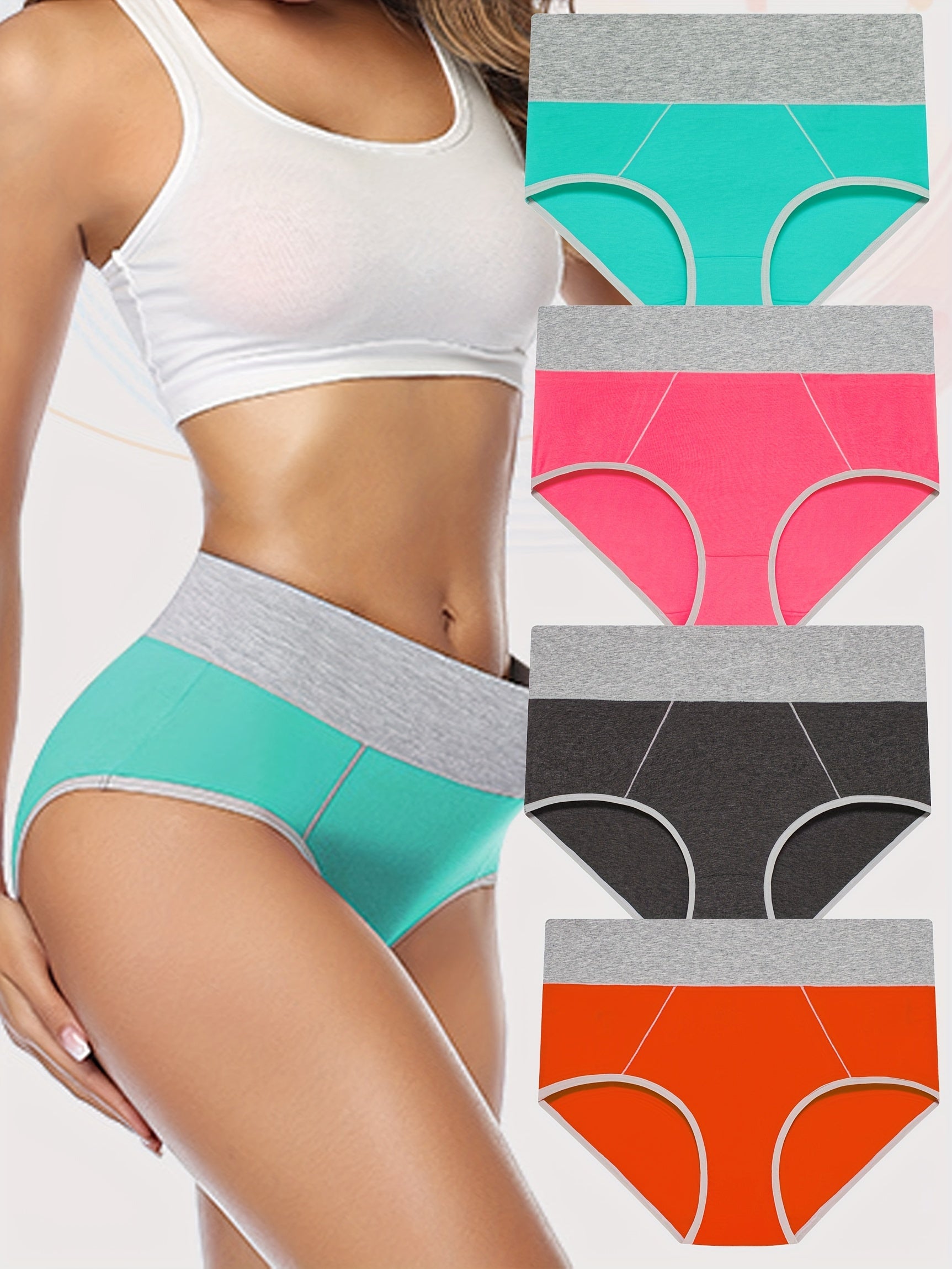 4pcs Colorblock Stretch Briefs High Waist Panties Women's Lingerie