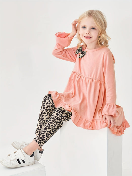 Leopard Pattern Ruffled Dress & Leggings Set for Girls