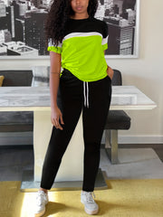 Casual Matching Two-piece Set Block Short Sleeve T-shirt & Striped Pants