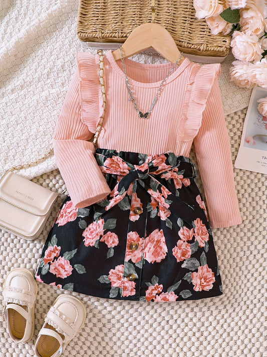Girl's 2pcs Ribbed Top & Floral Corduroy Skirt Set for Spring Autumn