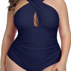 Criss Cross Neck Cut Out One Piece Swimsuit Plus Size