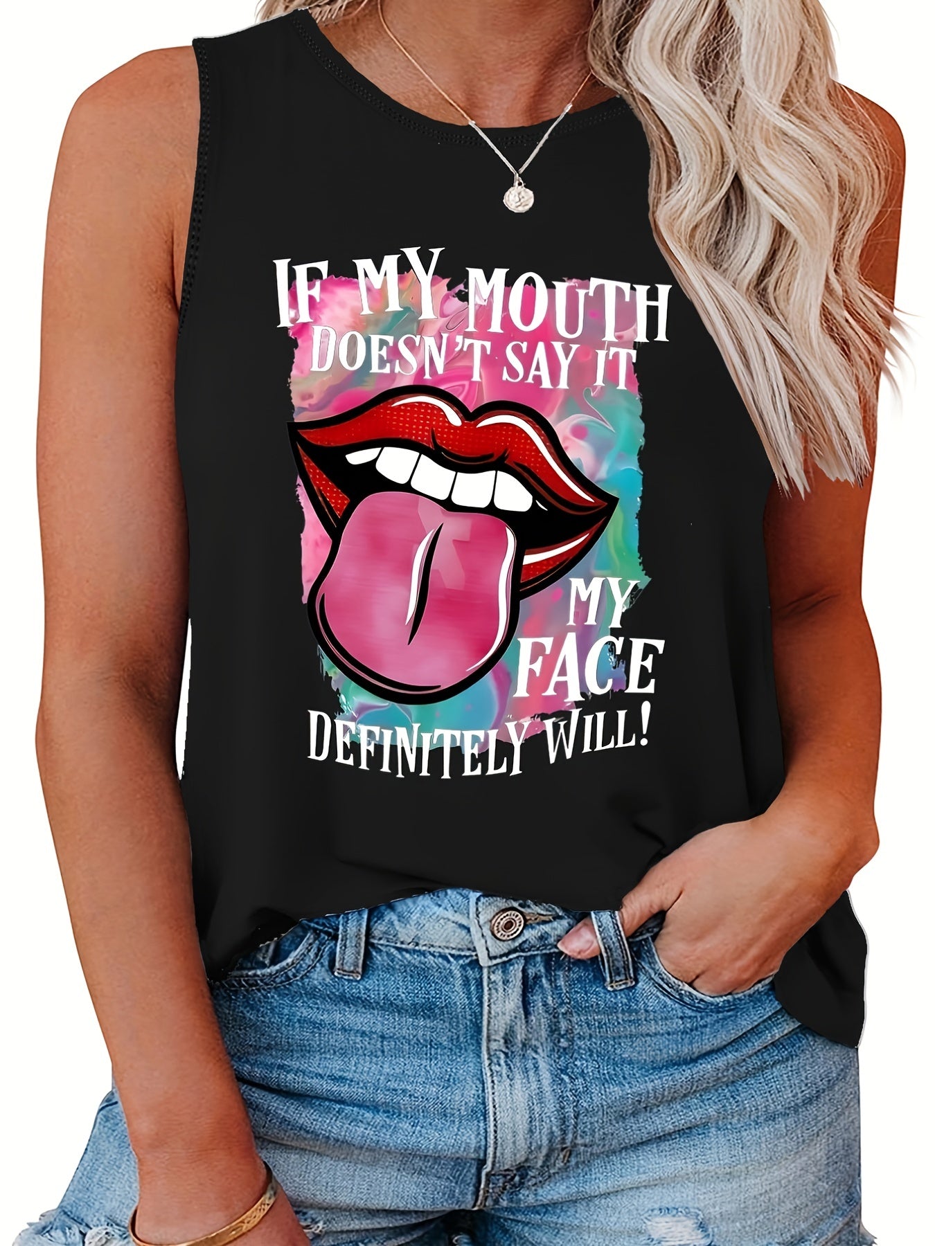  Casual Tank Top Women's Plus Slogan & Lip Print Round Neck Tank Top
