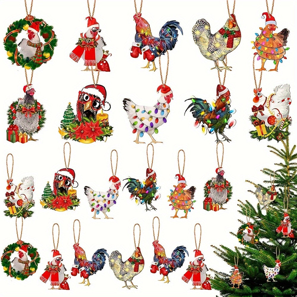 30 Pack Rustic Wooden Christmas Chicken Ornaments Festive Scarf Chickens Decor