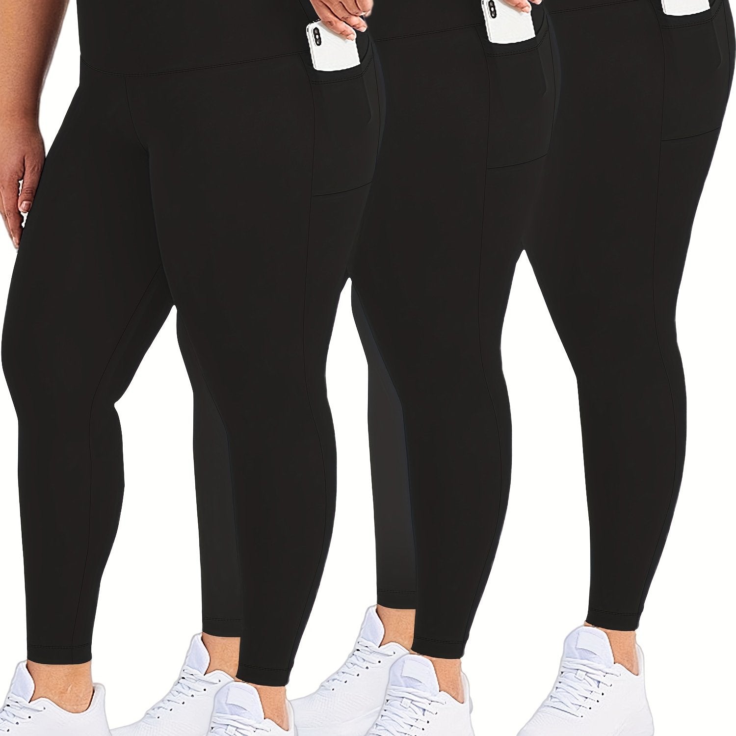 3 Pack Plus Size Casual Leggings Set Women's Plus Solid Tummy Control
