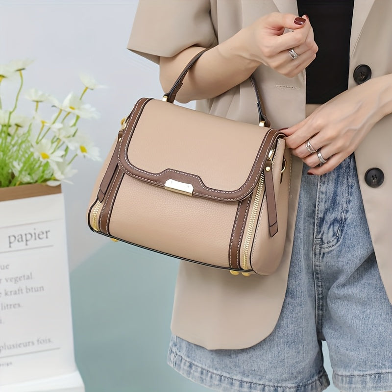 Leather Convertible Crossbody Bag Magnetic Closure Beige Light Brown Navy