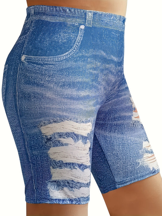 Denim Print High Rise Stretchy Skinny Shorts