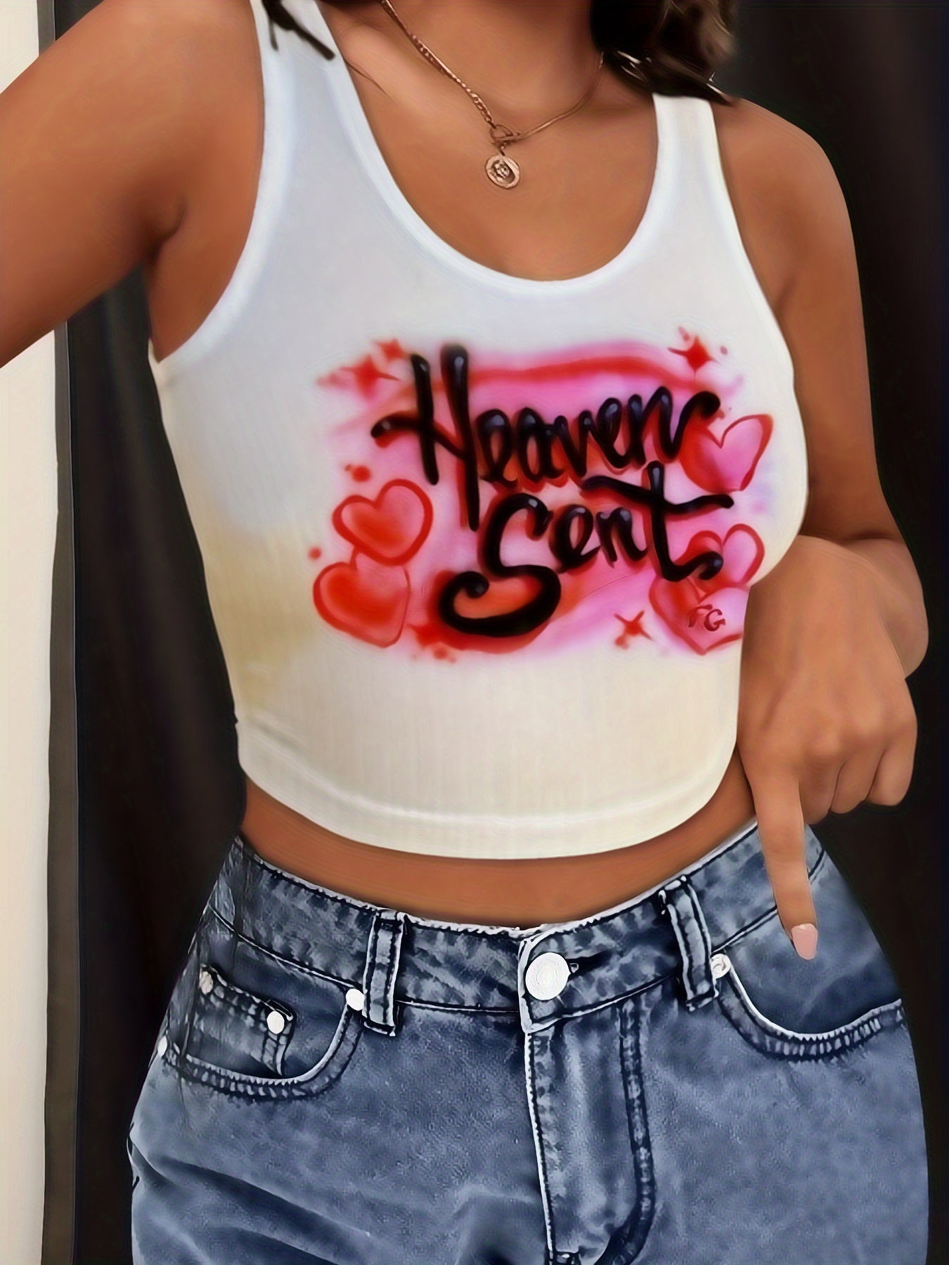 Letter & Heart Print Crop Tank Top Y2K Sleeveless Tank Top For Summer