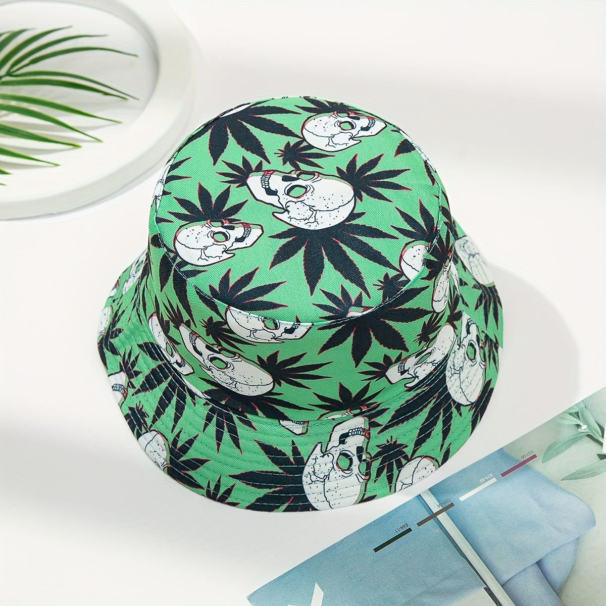 Skull Leaf Print Reversible Bucket Hat Lightweight Unisex Fisherman Cap