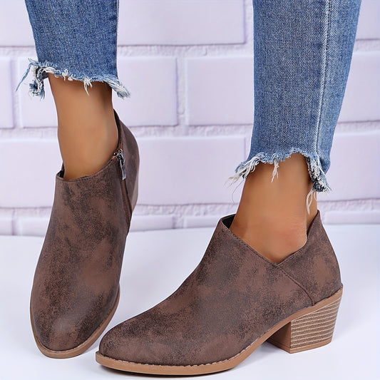 Women's Block Heel Ankle Boots Round Toe Side Zip V-cut Retro Short Boots