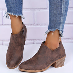 Women's Block Heel Ankle Boots Round Toe Side Zip V-cut Retro Short Boots