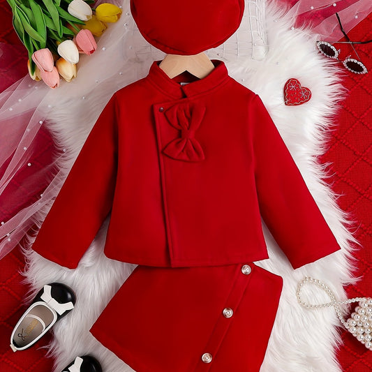 Girls 3pcs Bowknot Coat & Beret & Skirt Set Solid Outfits Kids Clothes