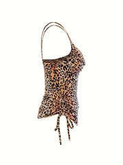 Leopard Print V Neck Cami Top Sexy Drawstring Side Cami Top