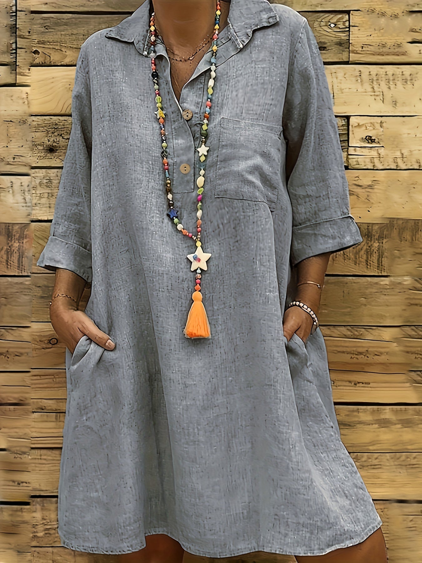  Casual Dress Women Plain Three Quarter Sleeve Button Up Dress
