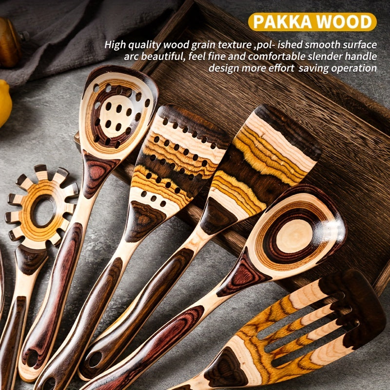 7pcs Pakkawood Kitchen Utensils Heat Resistant Spatula Spoon Frying Shovel