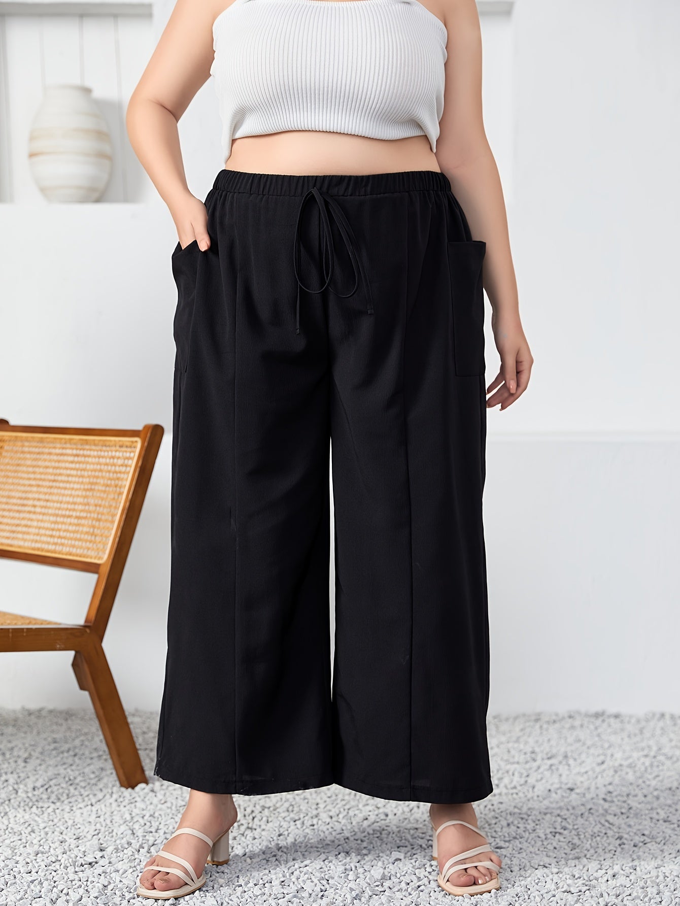  Solid Wide Leg Trousers w/ Pockets