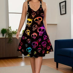  Casual Skull Print Cami Dress with Ring Detail