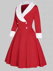  Retro Dress Women's Plus Colorblock Fleece Button Decor Long Sleeve