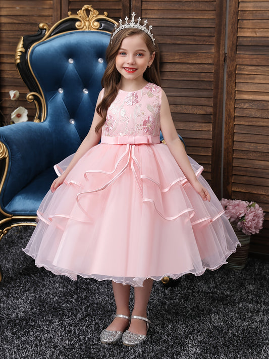 Girls Princess Dress Sleeveless Flower Embroidery Mesh Tutu Dress
