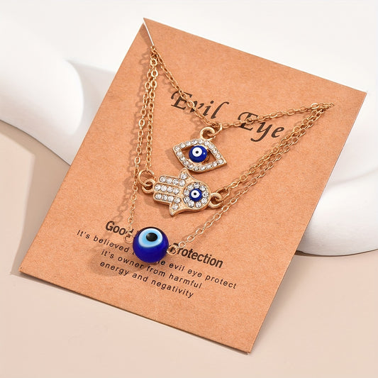 3pcs Evil's Eye Pendant Necklaces Rhinestone Inlaid Neck Jewelry Gift