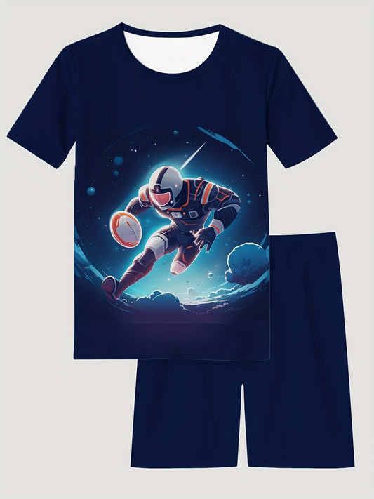 Kid's Cartoon Astronaut Rugby Print 2pcs Pajamas T shirt & Shorts Set