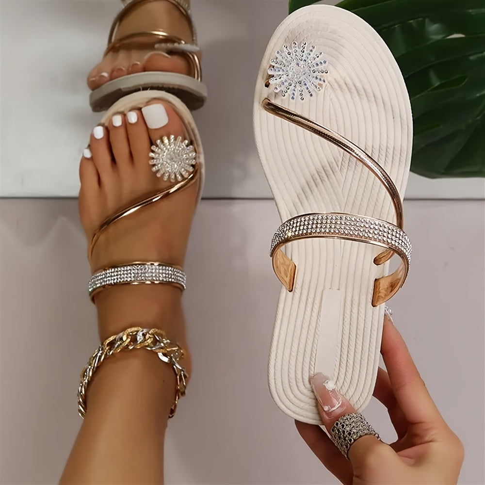 Women's Rhinestone Flat Flip Flops Open Toe Non Slip Slides Shoes
