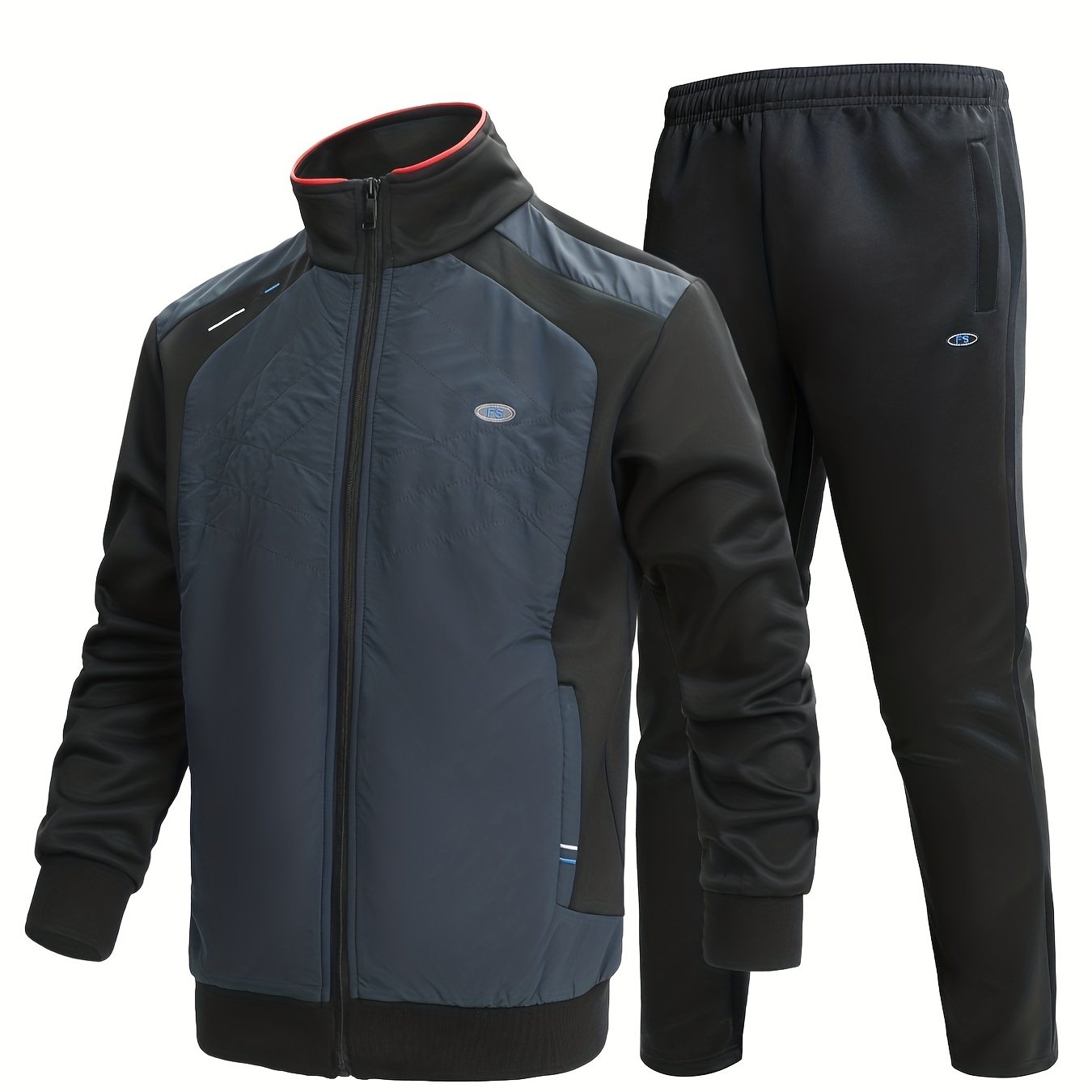 2pcs Men's Suit Stand Collar Zip Up Jacket & Elastic Waist Pants