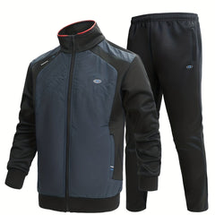 2pcs Men's Suit Stand Collar Zip Up Jacket & Elastic Waist Pants