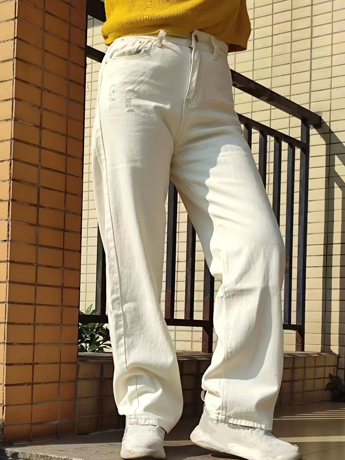 High Waist Straight Jeans Loose Fit Slash Pockets