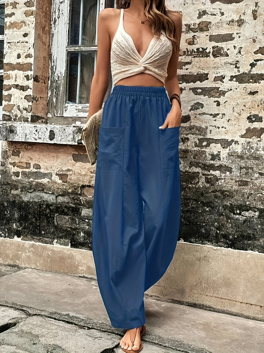 Solid Loose Trousers With Pockets Athleisure Trousers Women's Clothing
