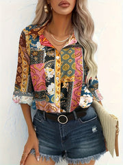  Boho Blouse Women's Plus Colorblock Floral Print Button Up Long Sleeve