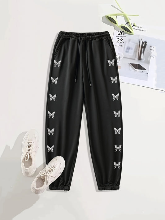 Monogram Butterfly Print Casual Sports Pants with Drawstring