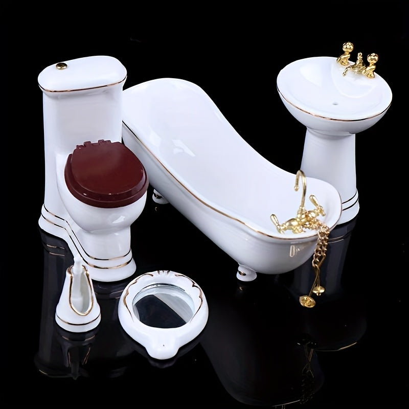 5pcs Ceramic Bathroom Set with Mini Bathtub Mirror & Toilet Figurine Decor