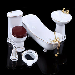 5pcs Ceramic Bathroom Set with Mini Bathtub Mirror & Toilet Figurine Decor