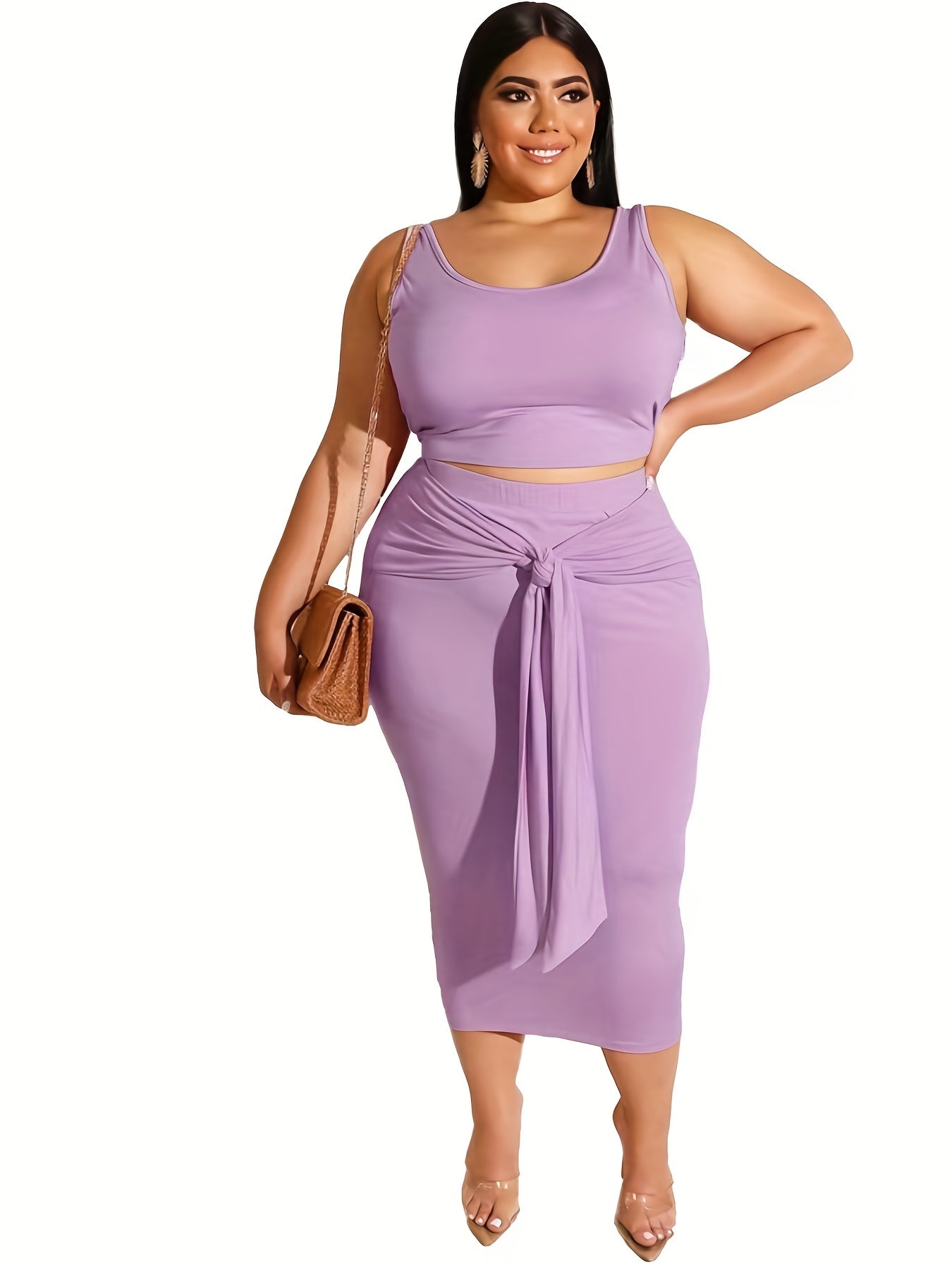  Solid Crop Tops & Pencil Skirt Set Women's Slight Stretch 2pcs Outfits