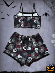 Skull Print Pajama Set with Lace Trim