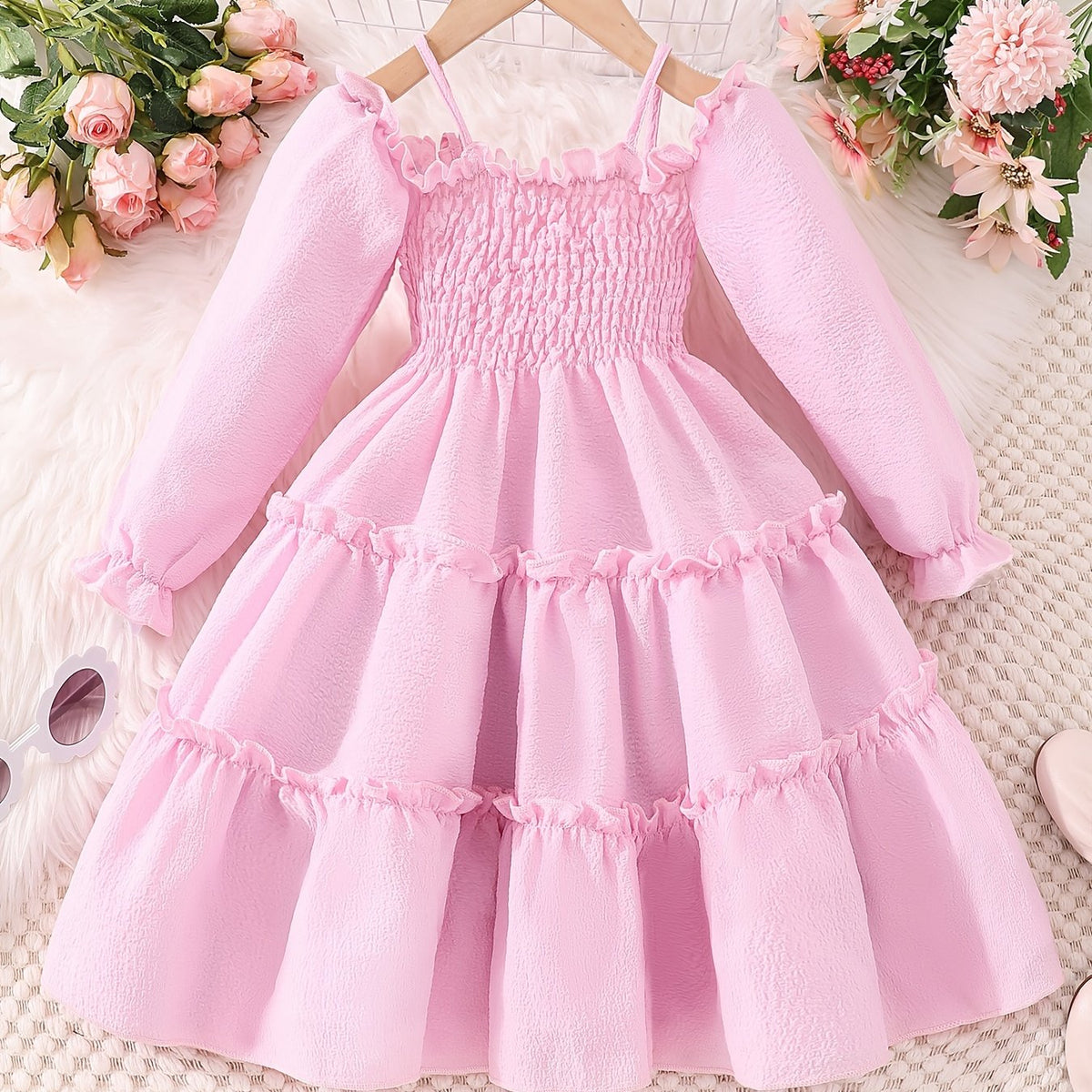Off Shoulder Princess Dress For Girls Long Sleeve Vacation Dress Kids Clothing
