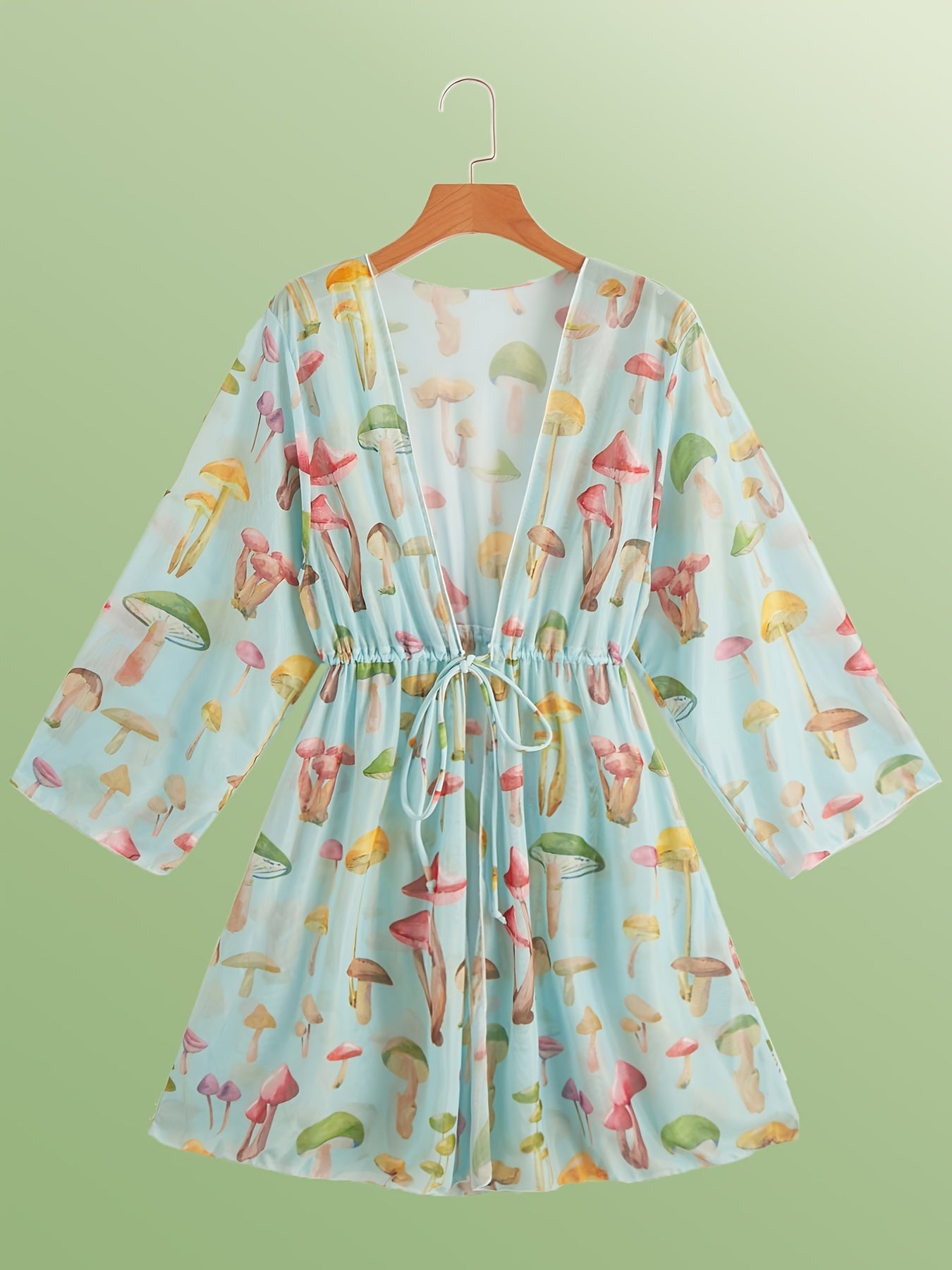 Mushroom Print Kimono Drawstring Long Sleeve Cover Up Shirt