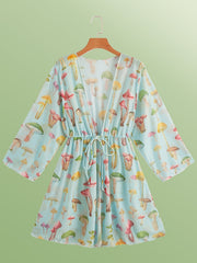 Mushroom Print Kimono Drawstring Long Sleeve Cover Up Shirt
