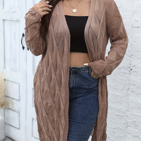  Hollow Out Open Front Long Sleeve Knit Cardigan Sweater