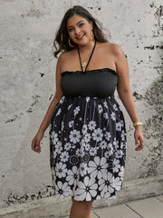  Boho Dress Women's Plus Floral Print Ruffle Trim Halter Neck Dress