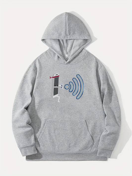 Comic Phone & WiFi Signal Print Hoodie Men's Graphic Pullover Hoodie