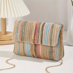 Boho Mini Shoulder Bag Colorful Striped Weave & Chain Strap