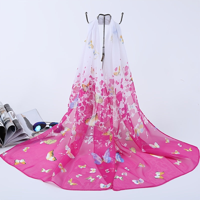 Chiffon Silk Scarf Gradient Butterfly Print Headwrap Large Shawl